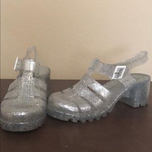 clear glittery heeled jelly sandal